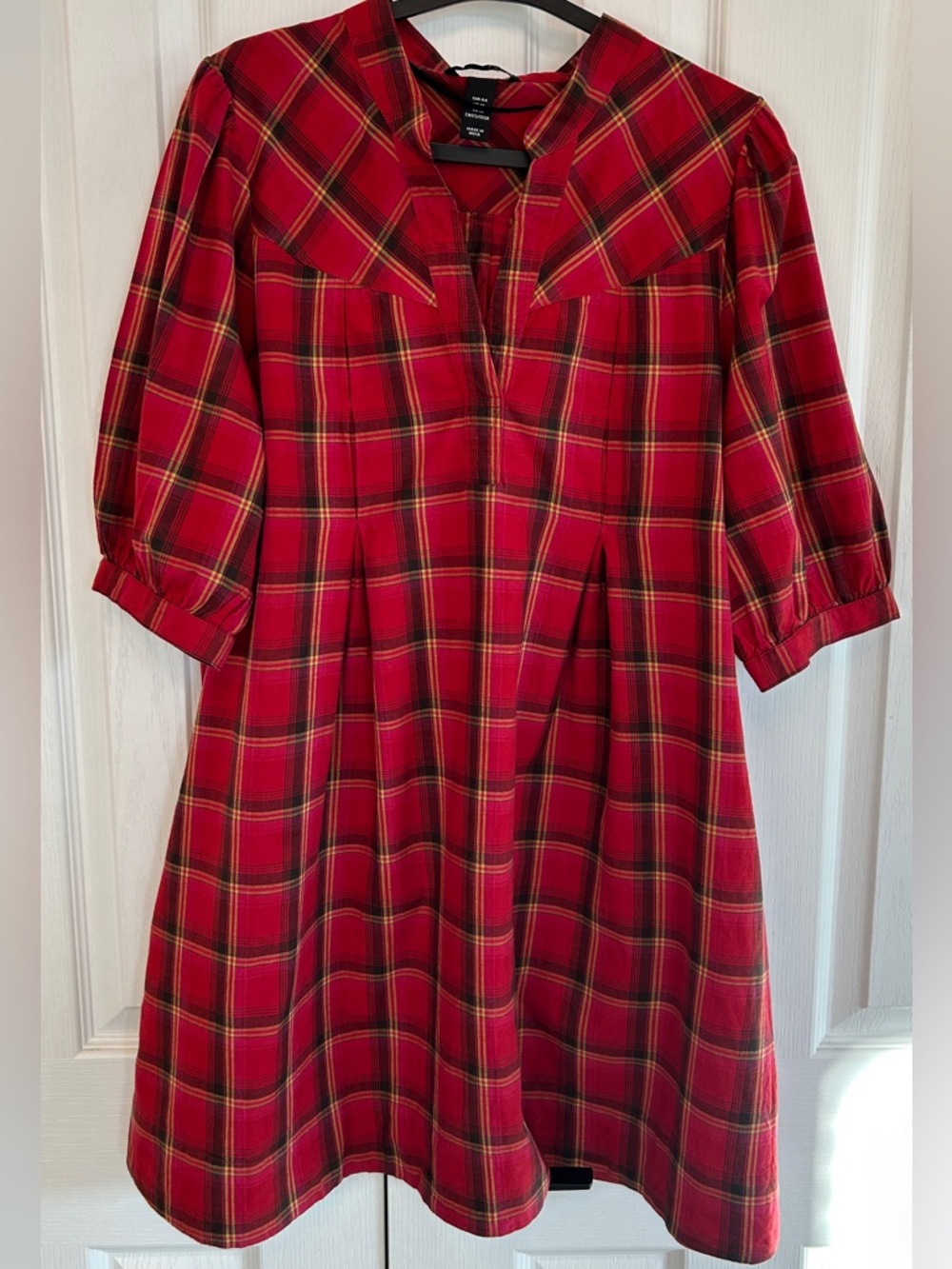 H&M 100% Cotton Red Plaid Shirt Mini Dress Size 14 Classic Tartan Puff Sleeve